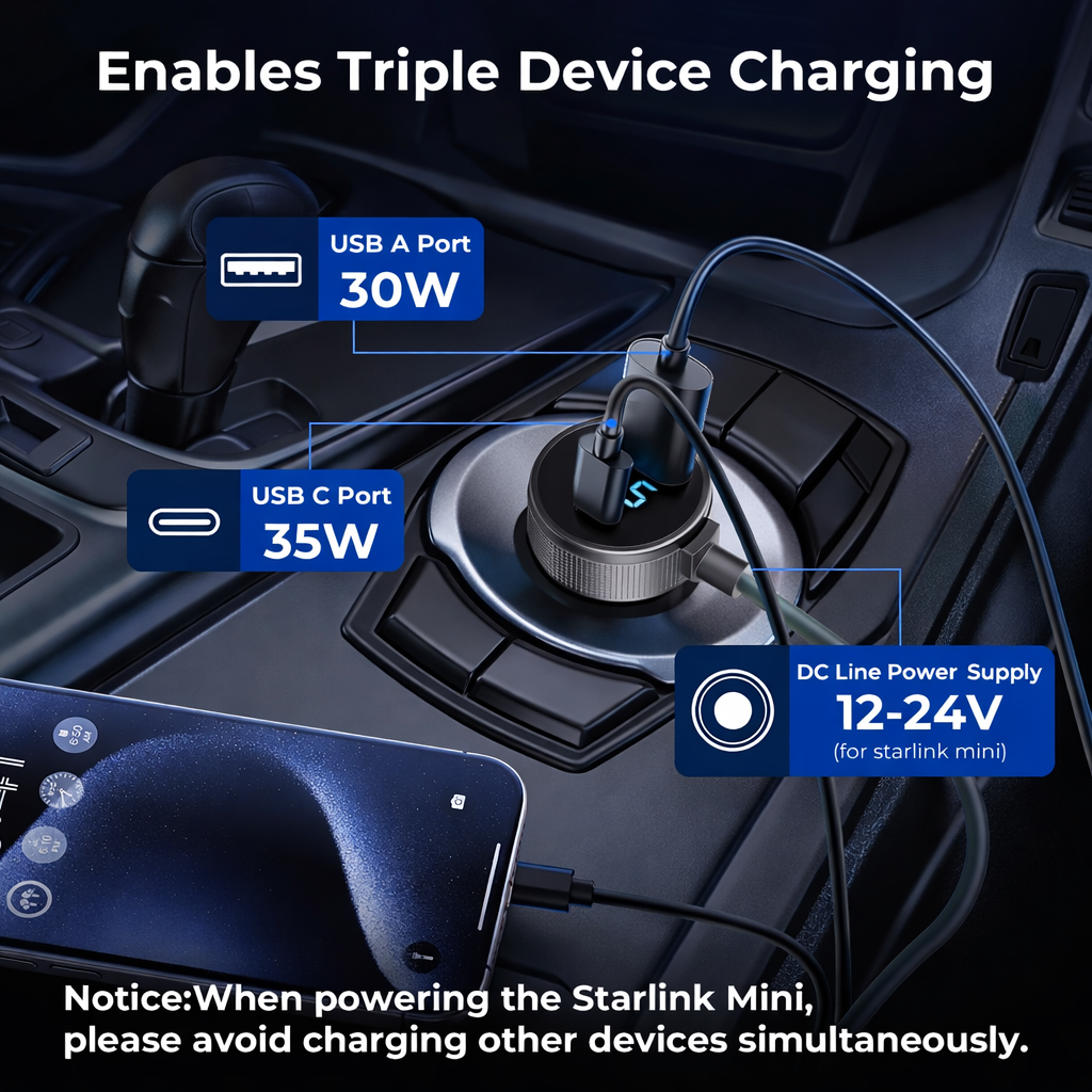 3 in 1 Cable Car Charger DC Power Cable/Cigarette Lighter Adapter for Starlink Mini